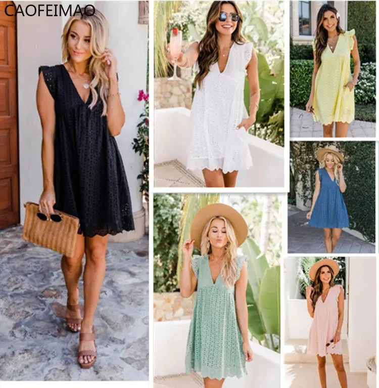 

V-neck Summer Short Sleeve Lace Dress Hollow Casual Dress Women Party Dresses Ladies 2025 A Line Vestidos Robe with Pocket