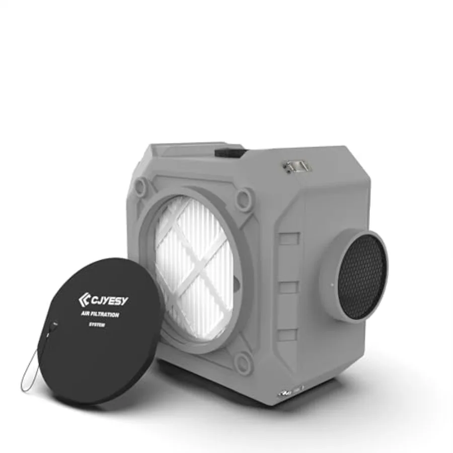 

Industrial and commercial air scrubber with 3-stage filtration, heavy-duty stackable negative air machine in gray, featuring HE