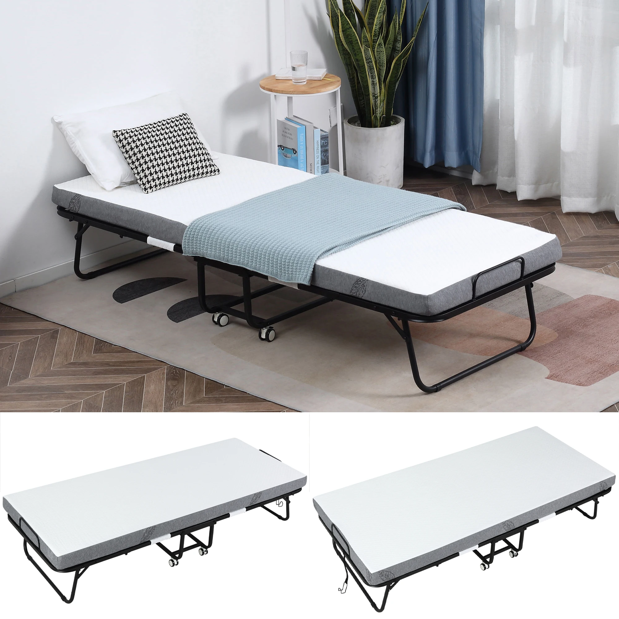 HOMCOM Folding Bed Portable Camping Bed with Single Mattress Wheels and Brakes 150 kg Load for Bedroom Living Room Office White