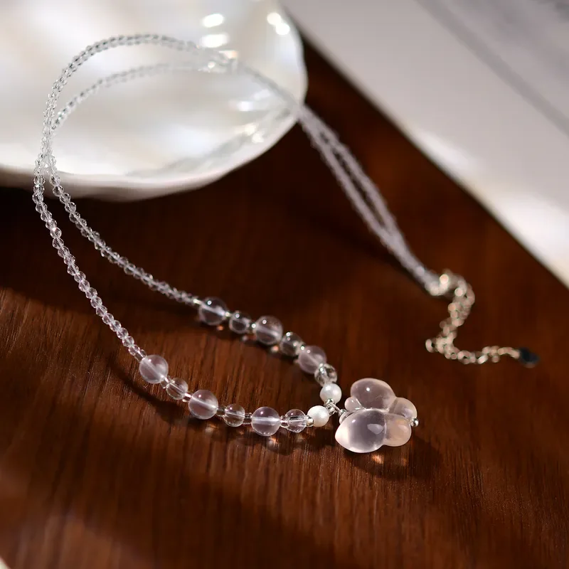 Powder Crystal Necklace Sweet Versatile Fashion Necklace Female Ice Pink Butterfly Niche Cute Exquisite Crystal Necklace
