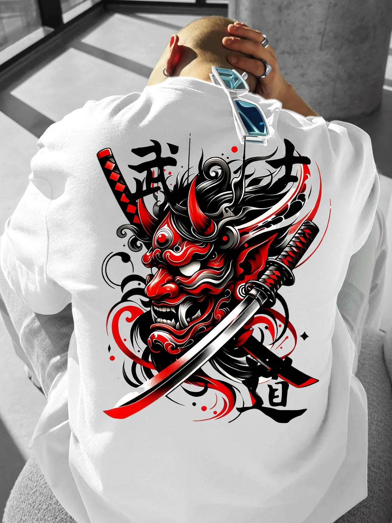 Japanese Bushido Prajna Mask Samurai Sword Back Large Print Personalized Men's and Women's Pure Cotton T-shirt