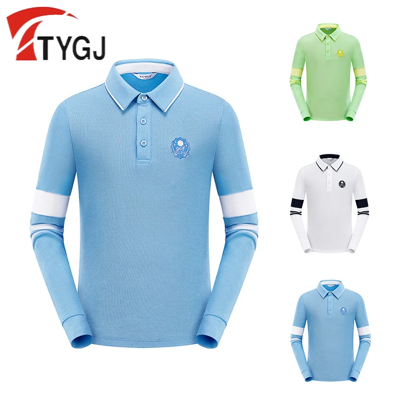 

TTYGJ New Children Soft Golf Sportswear Long-sleeve Stripe Golf Shirt Kid Fitness Badminton Lapel Tops Breathable Casual Apparel