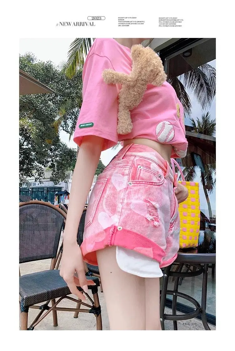 Sweet And Spicy Girl Pink Love Jeans Flanging Shorts Summer High Waist A Spice Girls Age-Reducing Wide-Leg Pants Women