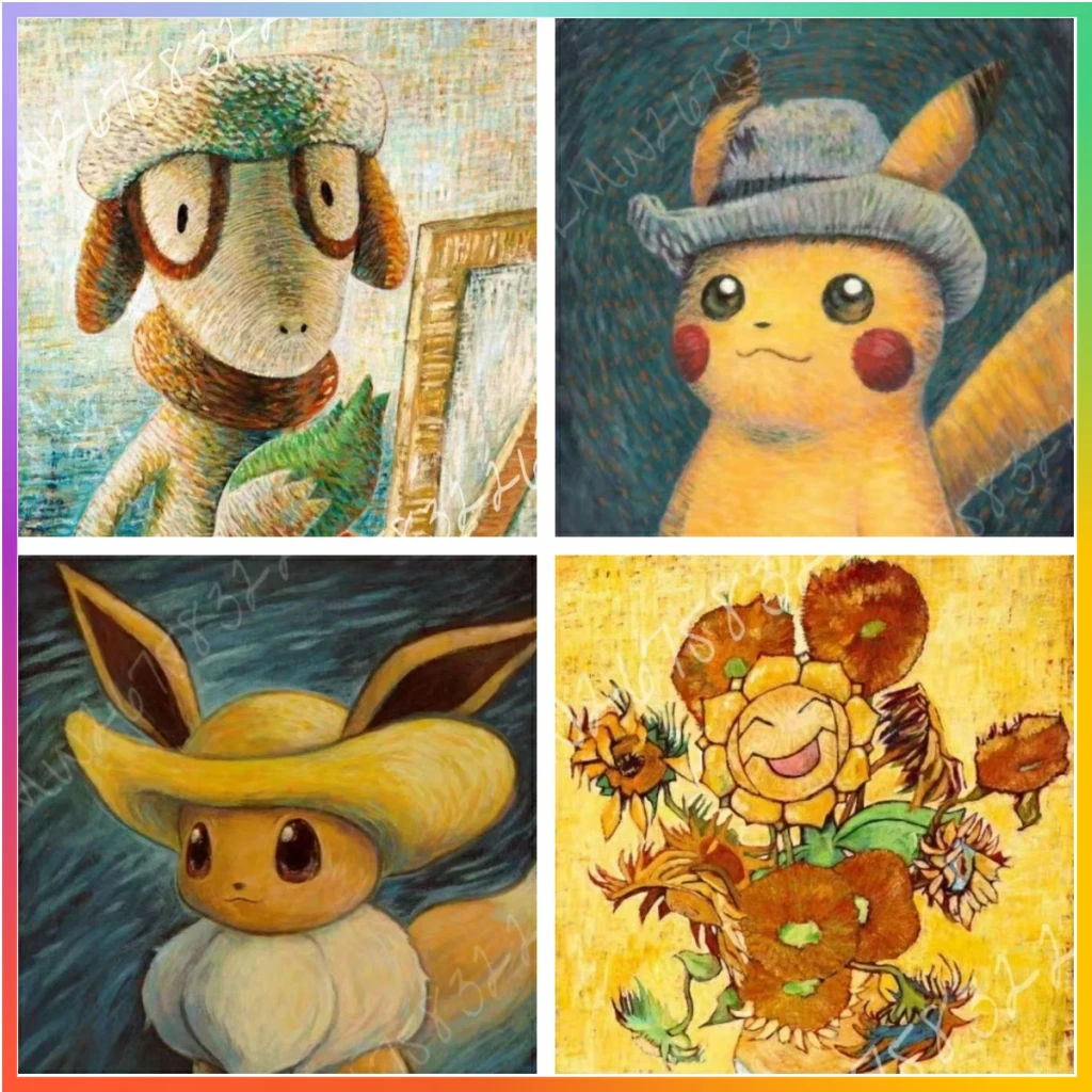 Van Gogh Museum-figuras de Anime de Pokémon, Pikachu, pintura de diamante de acuarela, patrón de manualidades, punto de cruz, 5D, casa de mosaico de arte DIY