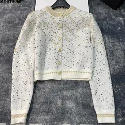 2024 primavera elegante maglione Cardigan lavorato a maglia Vintage per le donne filo d'oro manica lunga o-collo maglieria top eleganti maglioni Chic