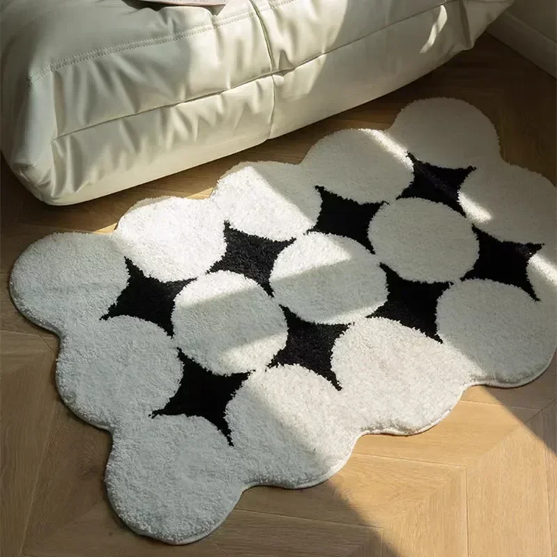 Nordic Black White Plush Thicken Flocking Carpet for Living Room Soft Fluffy Bedside Mat Non Slip Area Rug Ins Style Floor Mats