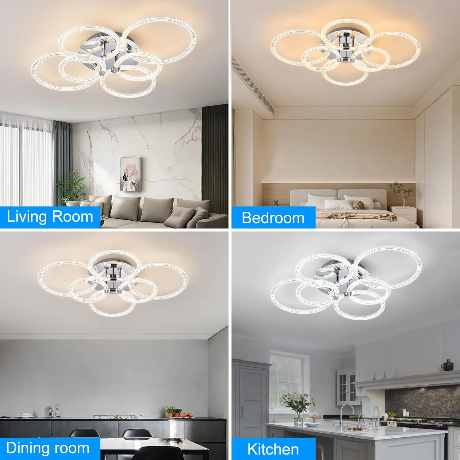 Modern LED Dimmable Flush Mount Ceiling Light, 6 Rings White Close to Ceiling Light, Lighting Fixture Ceiling Lamp for Kitchen,