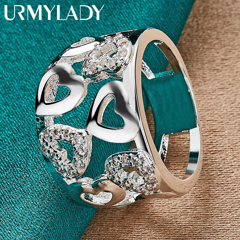 URMYLADY 925 Sterling Silver Hollow Smooth Heart Zircon Charm 7-10 #   Pierścionek dla kobiet Biżuteria ślubna zaręczynowa