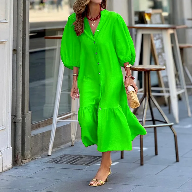 Women's Fashion Loose Bubble Sleeve Holiday Medium Length Dress Spring/Summer Round Neck Solid Shirt Dresses Red Robe Femme