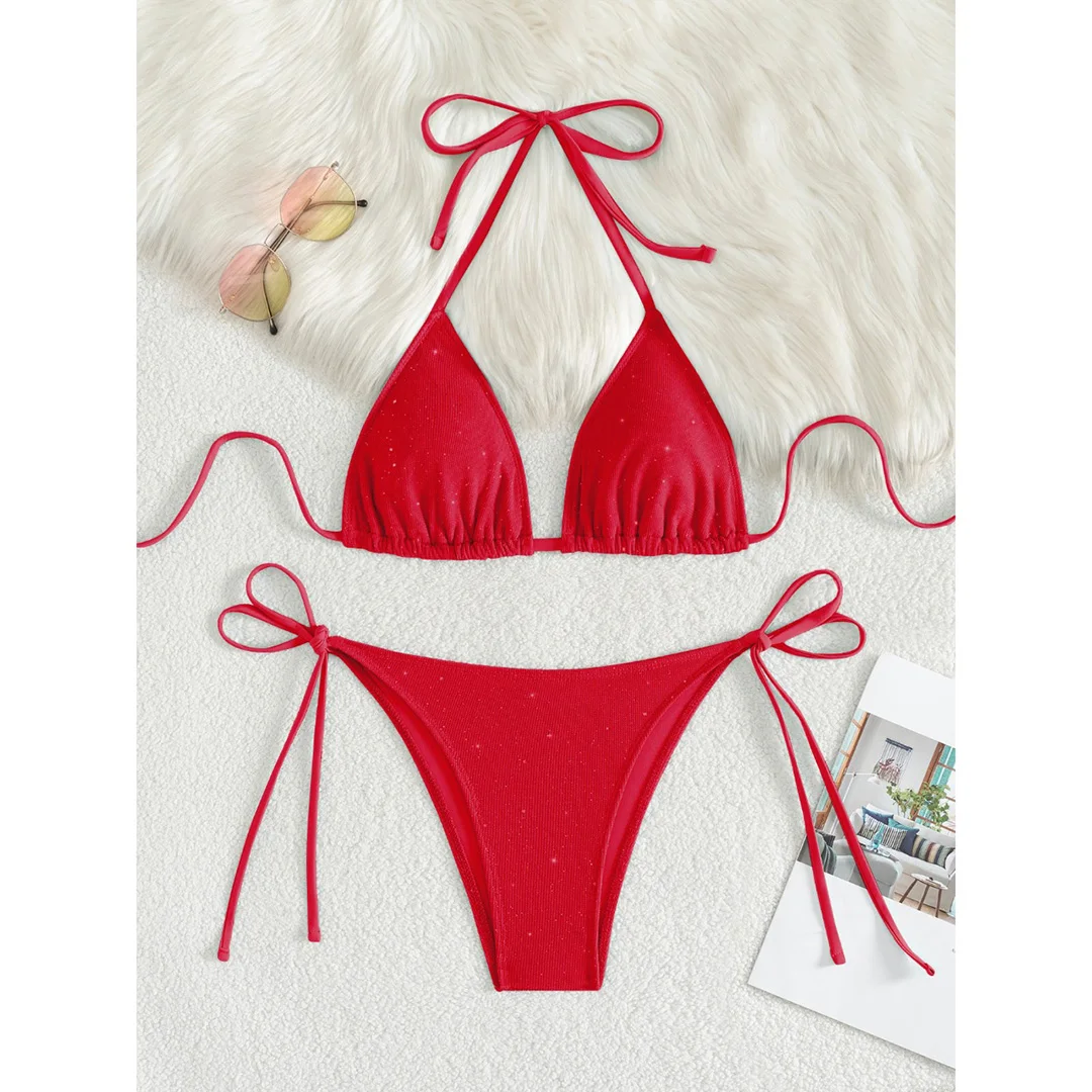Glitzernder, funkelnder Neckholder-Bikini mit hohem Beinausschnitt, Damen-Badebekleidung, zweiteiliger Bikini-Set, Badeanzug, Badebekleidung, Schwimmbekleidung V5501R – Detail 34