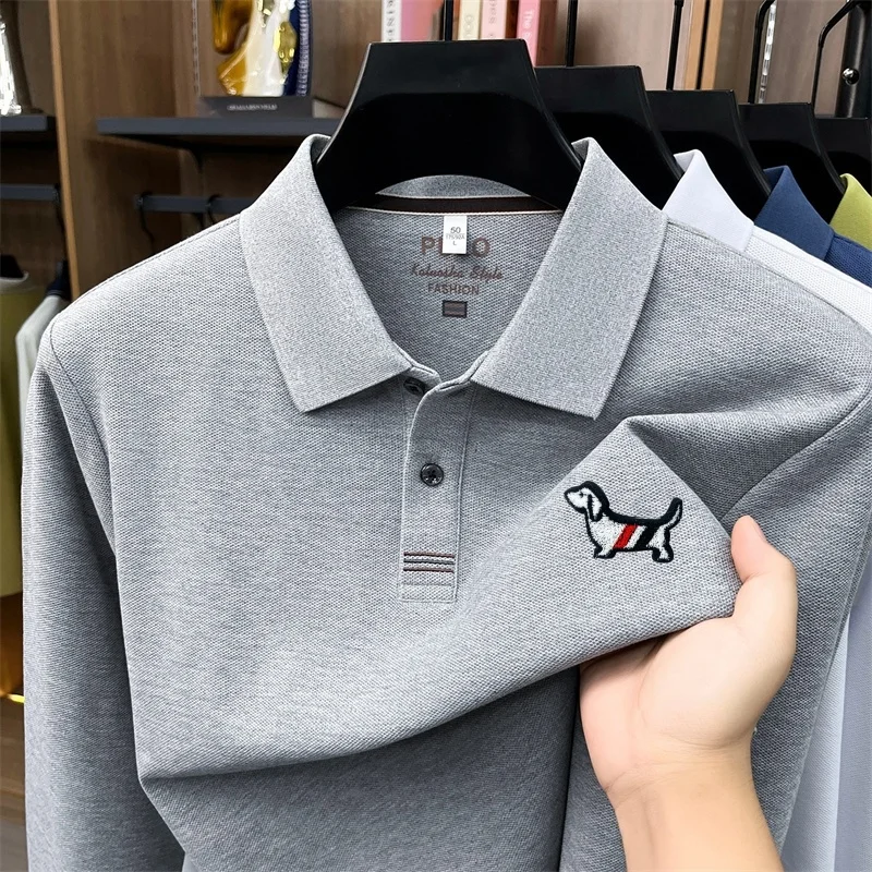 Autumn New Men's Long Sleeved Polo Shirt Solid Color Embroideryed Print Lapel 100% Cotton T-shirt Casual Fashion Men's Clothing image 3