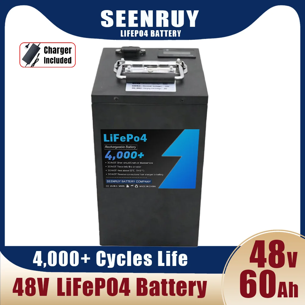 48V 60Ah LiFePO4 Rechargeable Battery Pack Built-in BMS for Golf Cart Ebike Scooter Bicycle Snowbike with 10A Charger