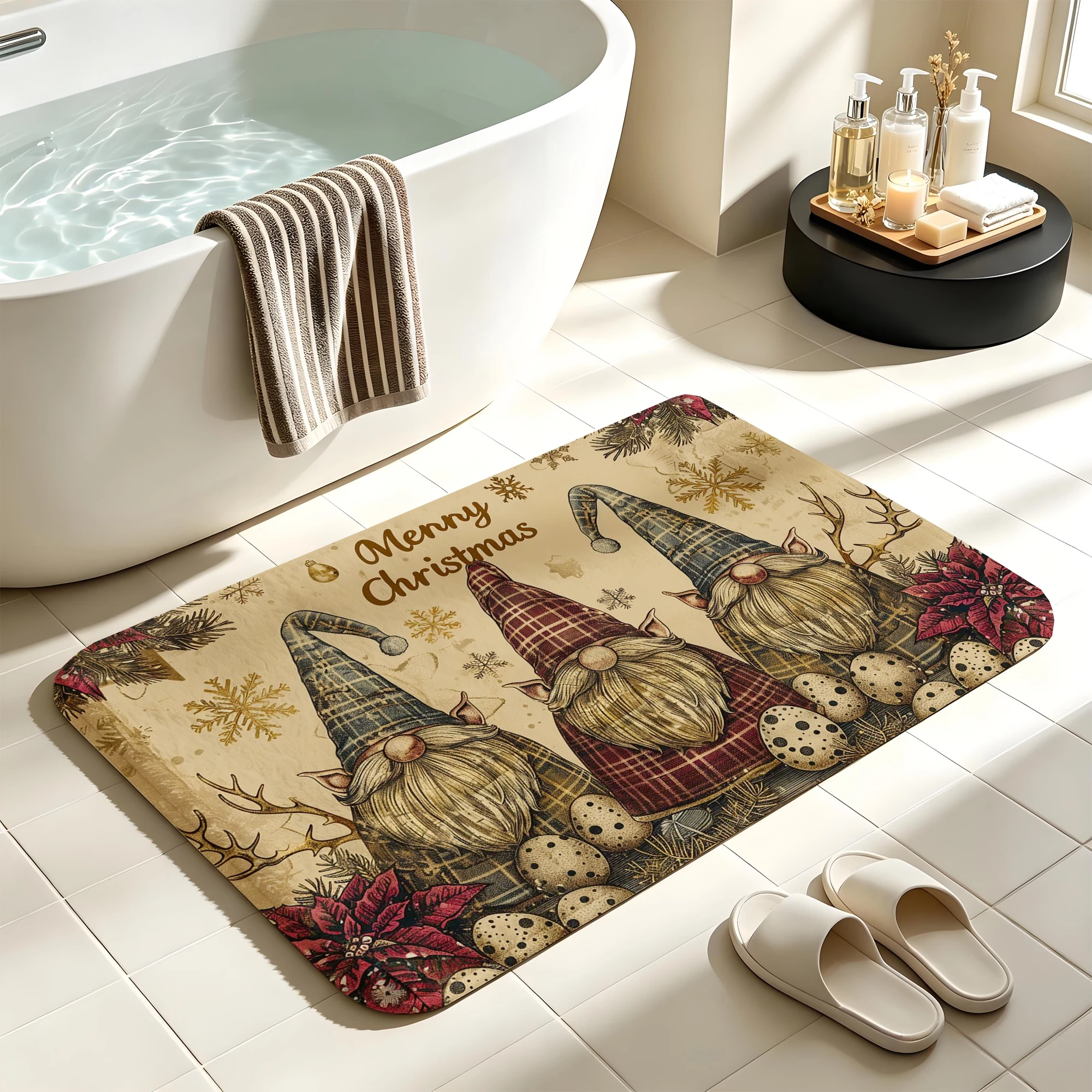 Retro Plaid Gnome Snowflake Floral Print Plush Absorbent Sponge Mat,Bathroom Non‑Slip Mat & Decorative Door Mat