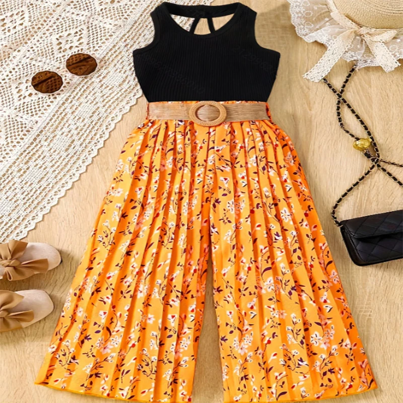 

Новый комплект для девочек в европейском и американском стиле: однотонный жилет и плиссированные брюки-клеш, для детей от 5 до 14 лет, 2 предмета