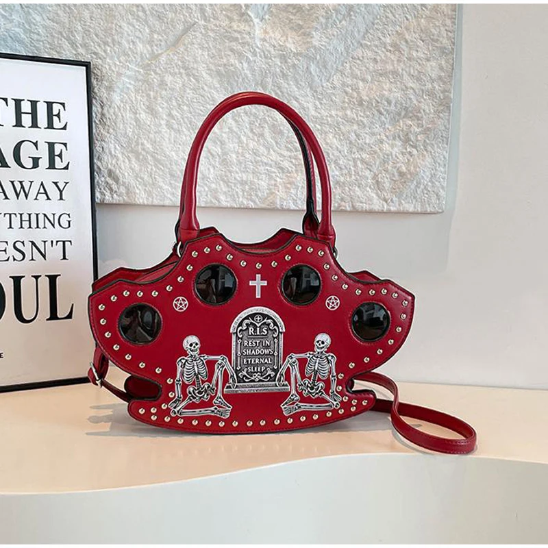 Modische Halloween-Totenkopf-Gothic-Handtasche, Persönliche Vintage-Damen-Tragetasche, Schultertasche, Umhängetasche, Street-Style, Punk-Nieten – Detail 12