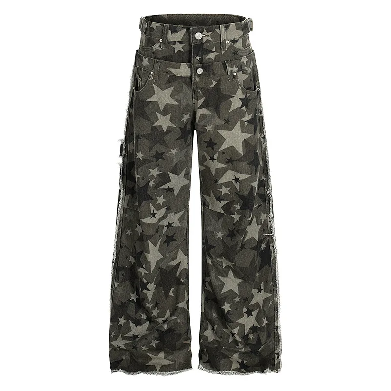 Men's Fashion High Street Camouflage Jeans Pants Streetwear Loose Fit Vibe Style Hip Hop Denim Trousers Double Waist Jeans