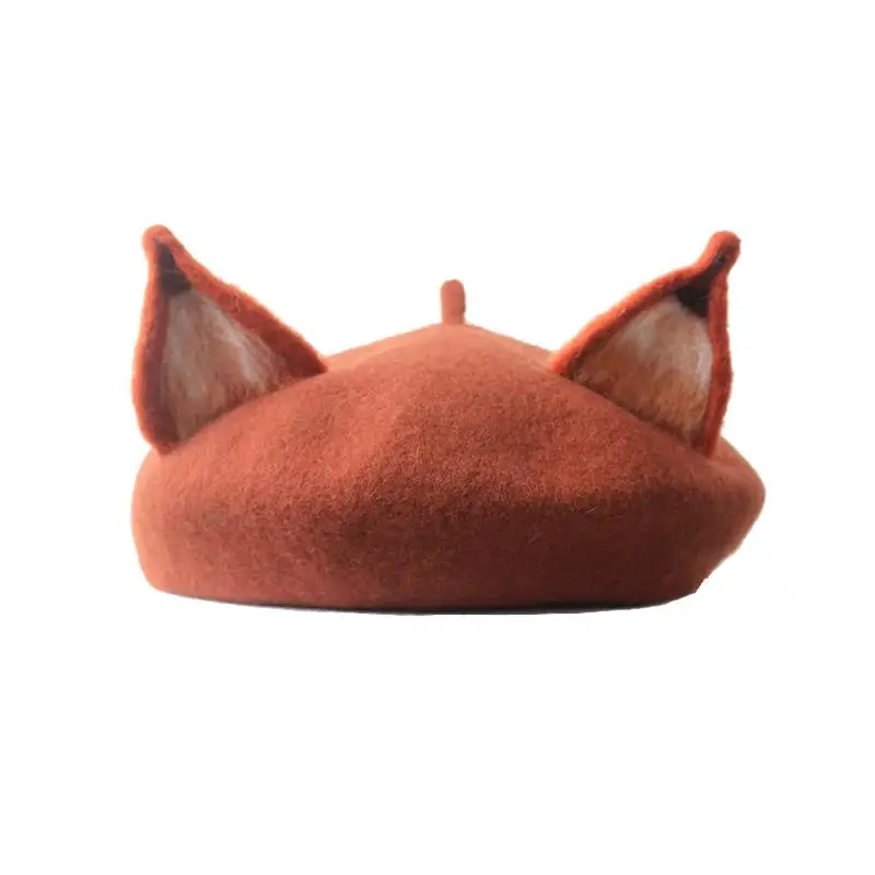 Child Women Cute Elk Horn Fox Ear Family Beret Hat Deer Antlers Kids Wool Felt Painter Hat