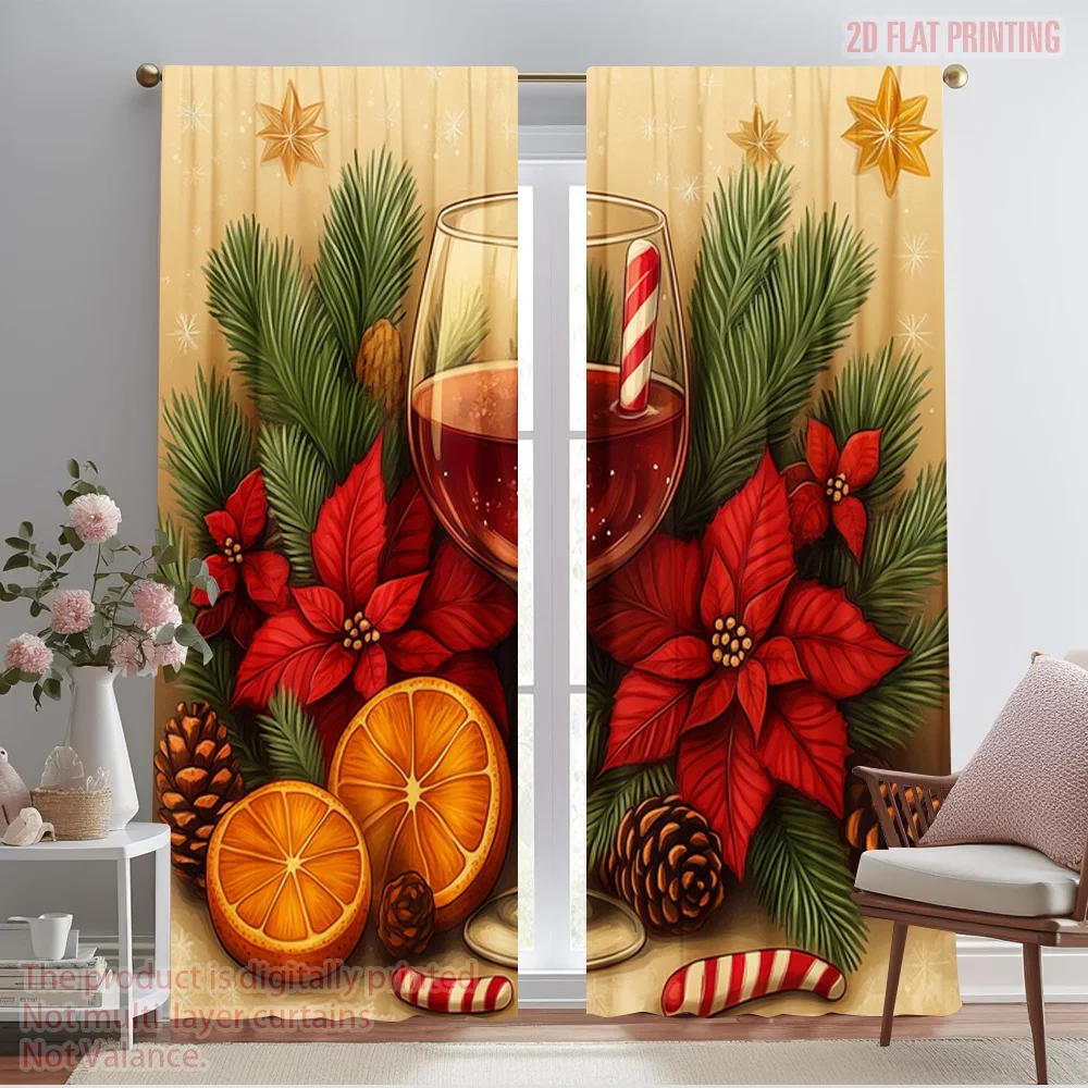 2pcs,2D plane printing Popular Curtain Panels Christmas Cozy Wine Pinecone Poinsettia (4) Versatile Polyester (without rod)
