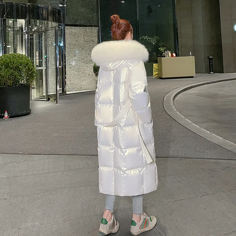 Abrigos de plumón de pato blanco 90% con cuello de piel de zorro Real para mujer, Chaqueta larga brillante para nieve, Parkas largas sueltas de