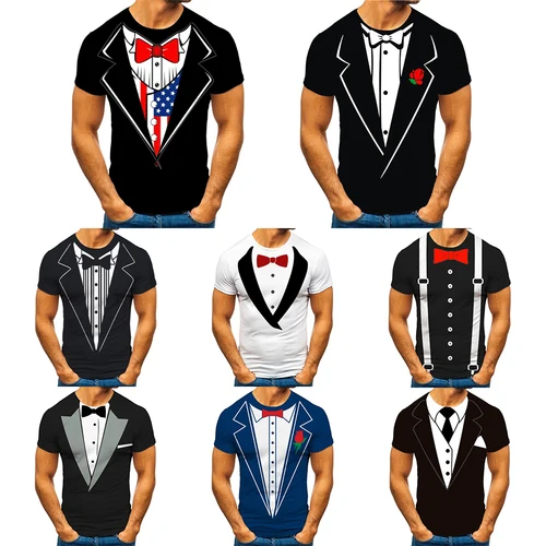 Camiseta con pajarita en 3D para hombre, traje de esmoquin con lazo Retro, camiseta estampada, pantalón corto informal de verano, ropa de calle de manga, traje falso divertido, Tops