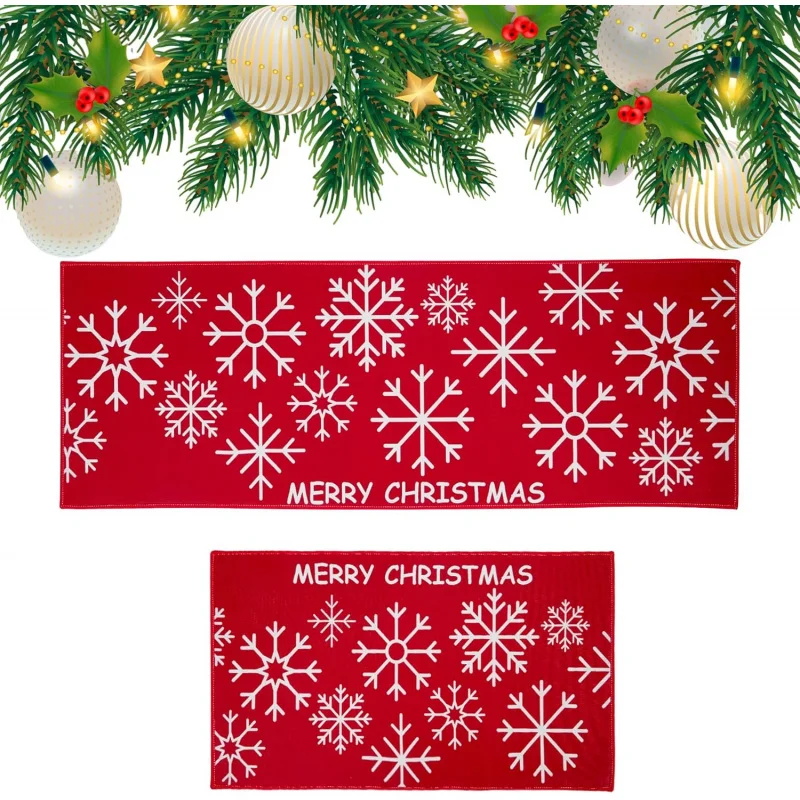 

Christmas kitchen floor mat white snowflake anti slip living room interior decoration 2-piece set red 20inx31in 18inx47in