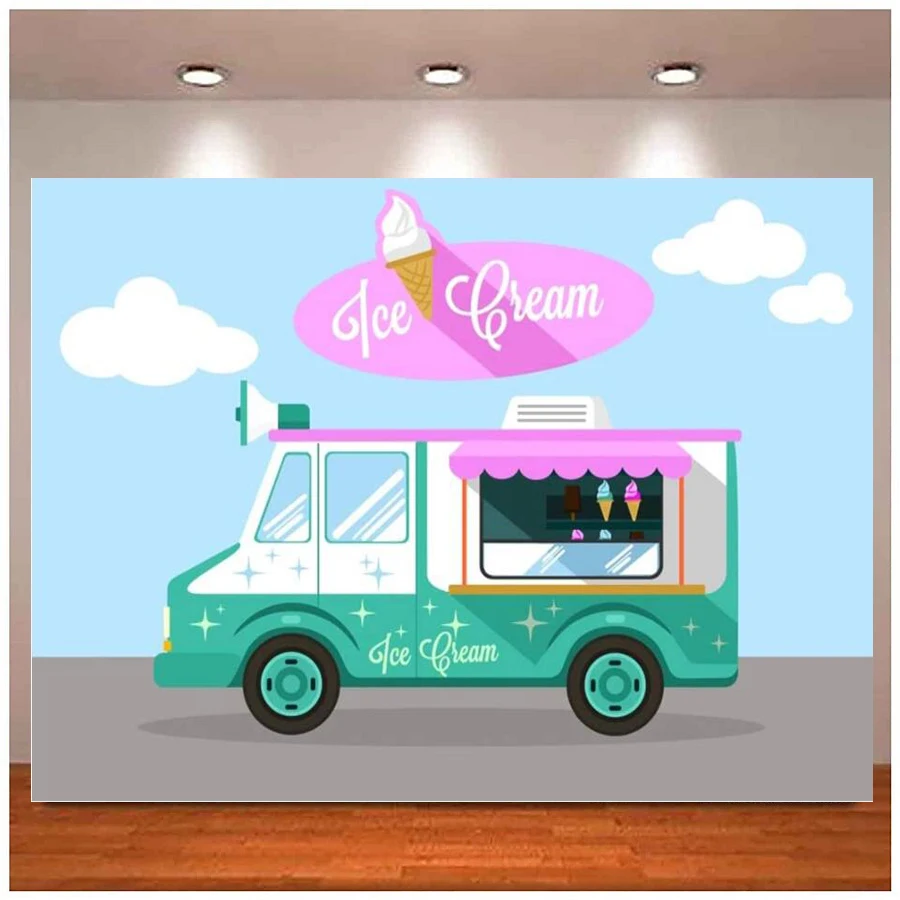 Ice Cream Van Cartoon Photography Backdrop Food Truck Sweet Megaphone Shop Sign Summer Dessert Background Baby Shower Party