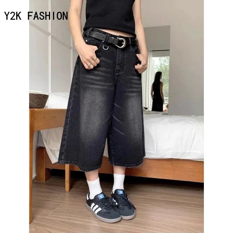 Vintage High Waist Black Retro Washed Denim Shorts Women's Fashion Casual Loose Fit Y2K Streetwear Mid Long Short