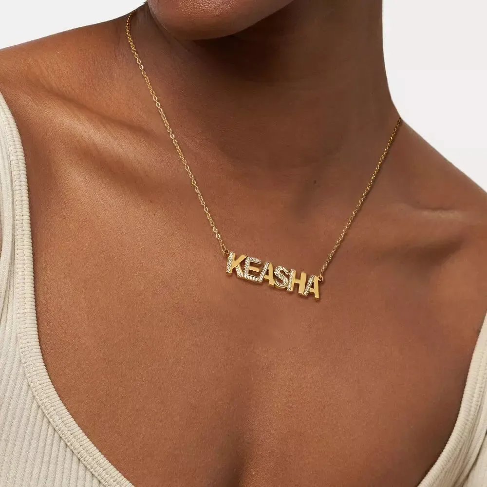 Personalized Shining Detail Retro Fluted Name Necklace 3D Customized Zircon Letter Necklace Luxury Jewelry Mother's Day Gift
