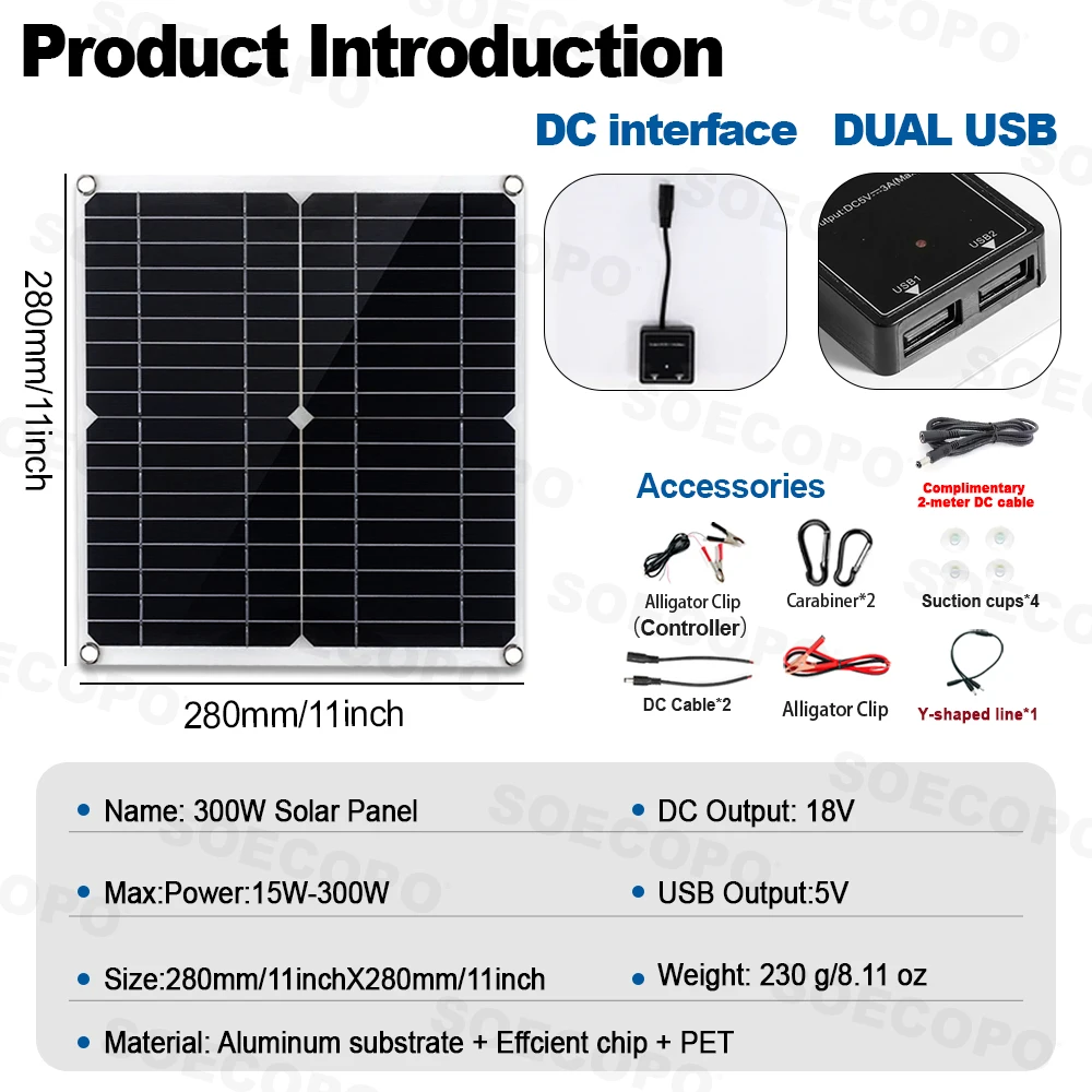 SOECOPO 600W met een GRATIS 100A-controller Draagbare zonnepaneelkit 2 * 300W zonnepanelen DC 18V USB 5V-uitgang komt campingtelefoon