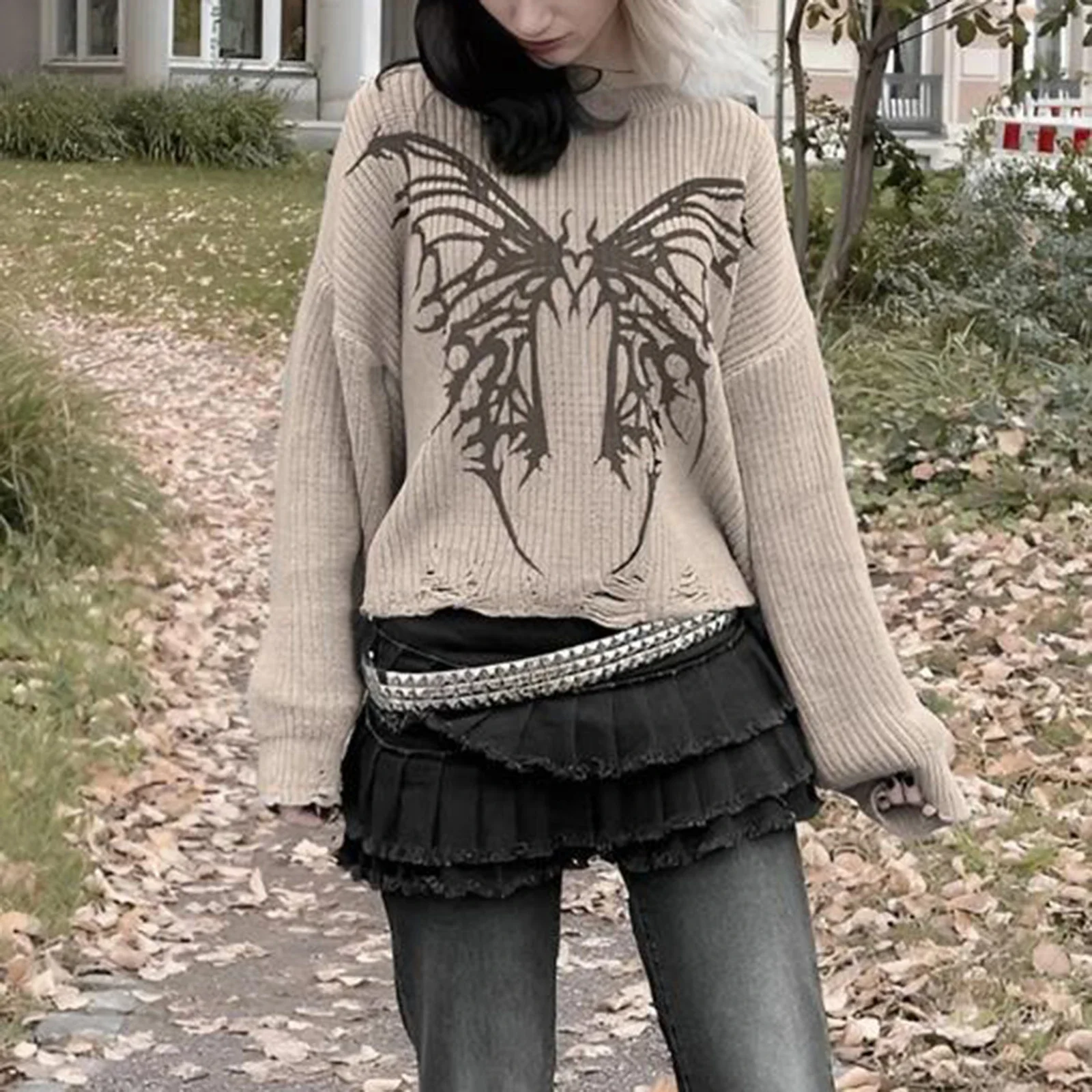 Women's y2k Autumn and Winter Knitted Sweater Long Sleeve Round Neck Aesthetic Butterfly Print Pullover Warm Sweater Pullover