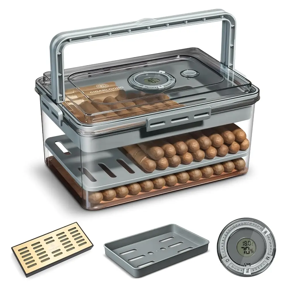 

Прозрачный акриловый хьюмидор для сигар с крошкой испанского кедра, портативный ящик для хранения сигар с увлажнителем и гигрометром