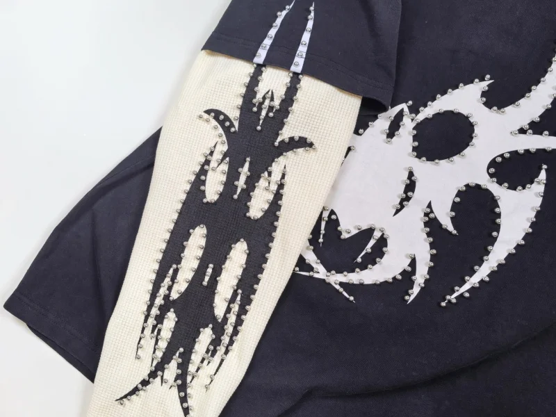 CHEW FOREVER Gothic Totem Fake Two Piece Long Sleeve T-shirt Men Vintage Washed Waffle Splicing Y2K Streetwear Tee