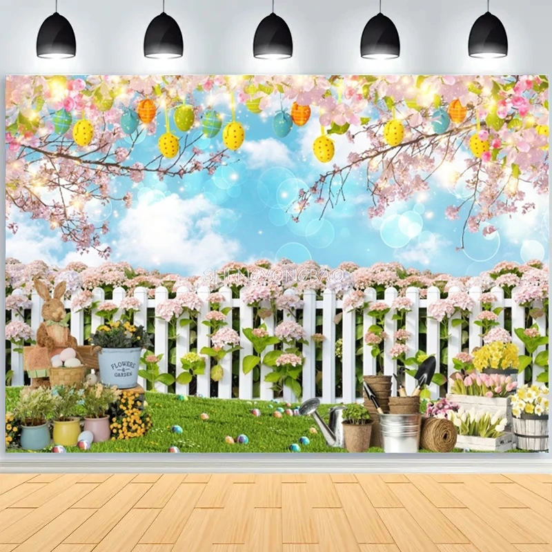 Green Spring Easter Day Garden Photography Backdrop Rabbits Colorful Eggs Bunny Flower Wood Door Background Baby Portrait Banner