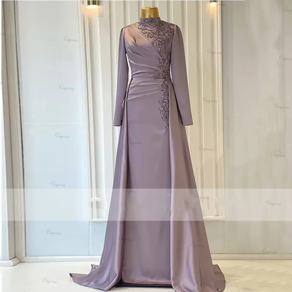 Ciynsia Full Sleeves Modest Evening Dresses For Women Lace Appliques High Neck Mermaid Sweep Train Satin Formal Party Gown 2025