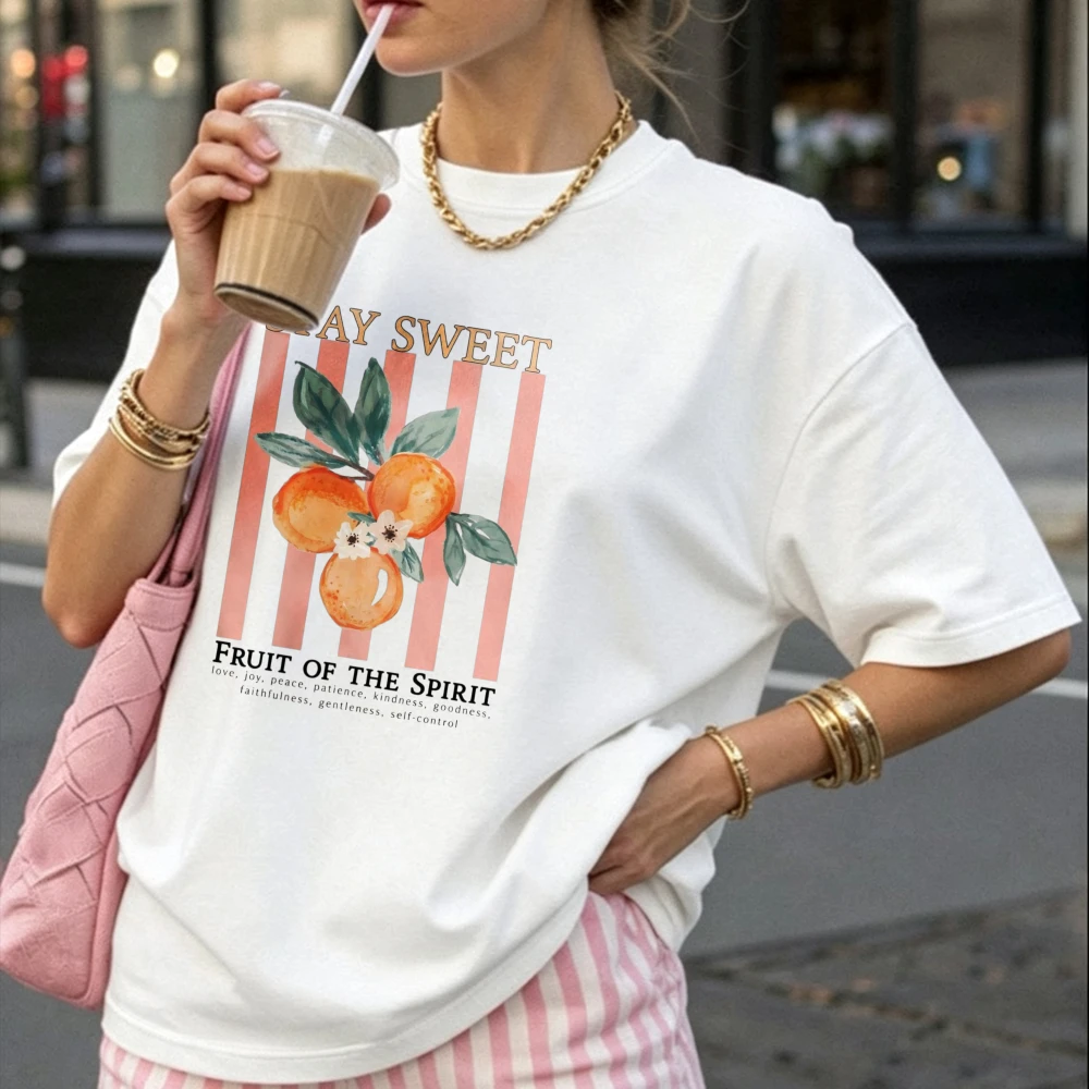 Women Stay Sweet Orange Blossom Fruit Print T Shirt Vertical Stripe Background  Cotton Tee Sweet Casual Ladies Vacation Tops Tee