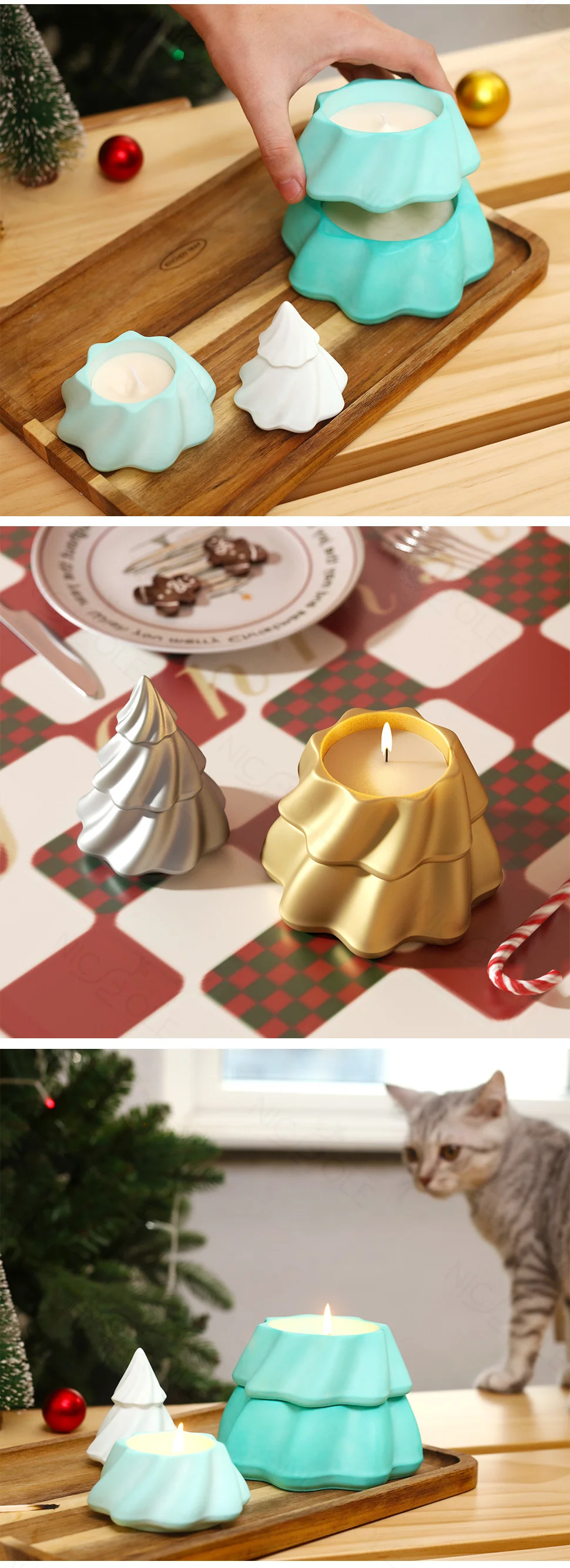 Mystical Stacking Christmas Tree Jesmonite Candle Jar Silicone Mold For Lid Handmade Concrete Candle Vessel Mould Home Decor