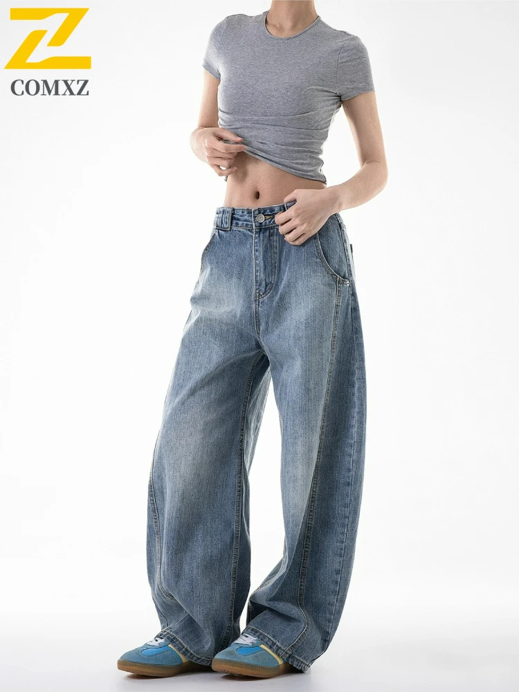 

American Machete Jeans Women's K-Pop Retro High Waist Wide Leg Dragging Pants 2025 New Brand Fashion Street light blue Trousers