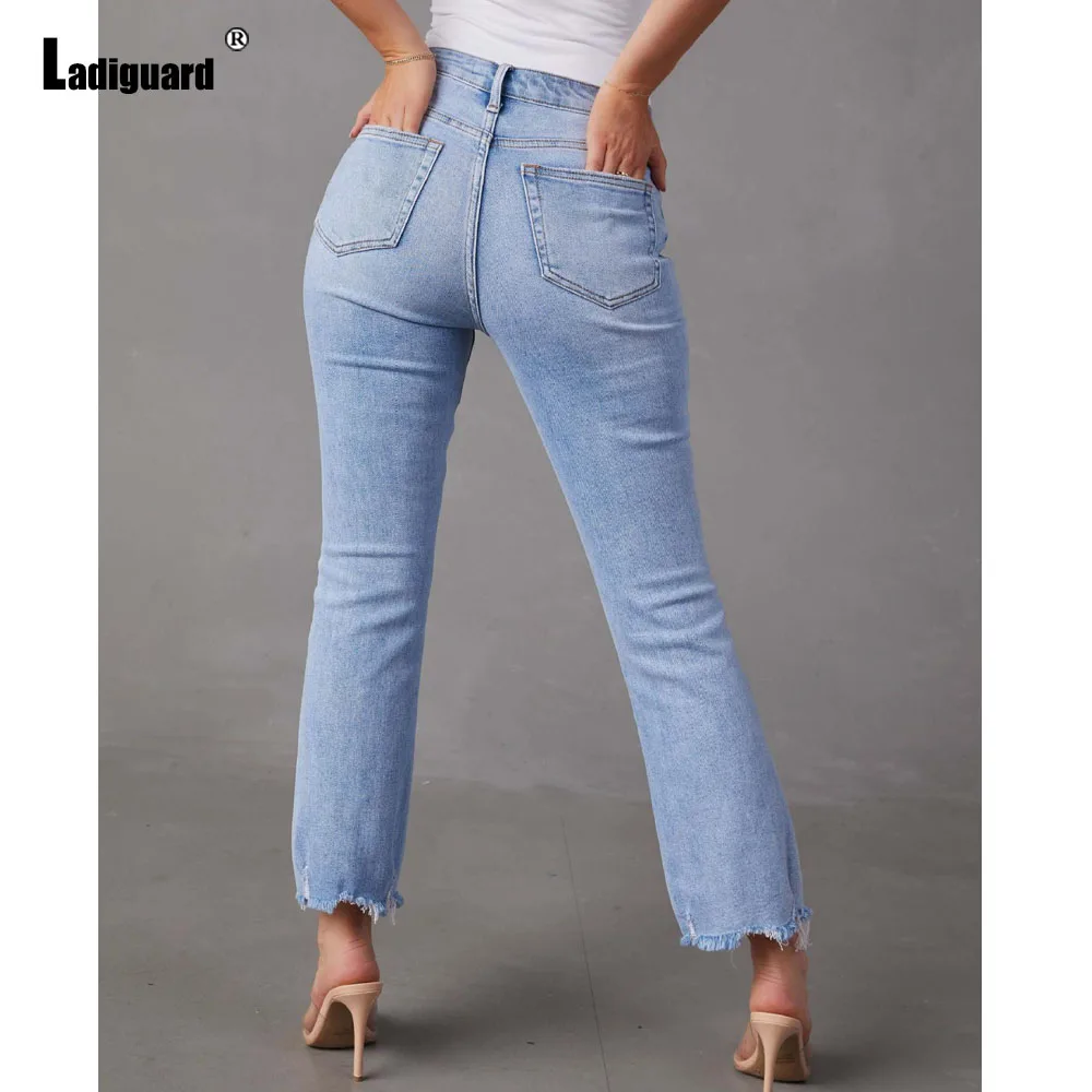 2024 America Europe Sexy Diagonal Jeans Demin Pants Slim Bottom Girls High Waist Ripped Jeans Womens Stand Pocket Denim Trousers