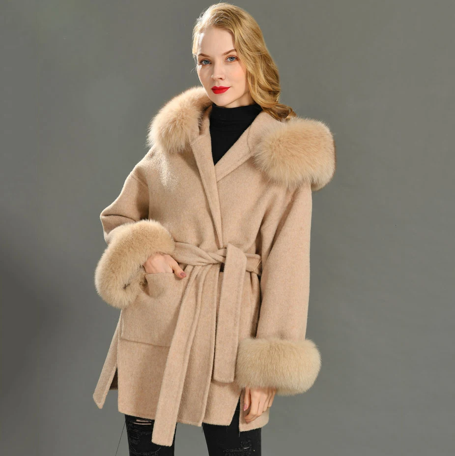 Jxwatcher Wool Coat and Blends Fashion Medium Length Cashmere Jacket Hooded 100% Real Fox Fur Collar Cuffs Winter Coat for Women