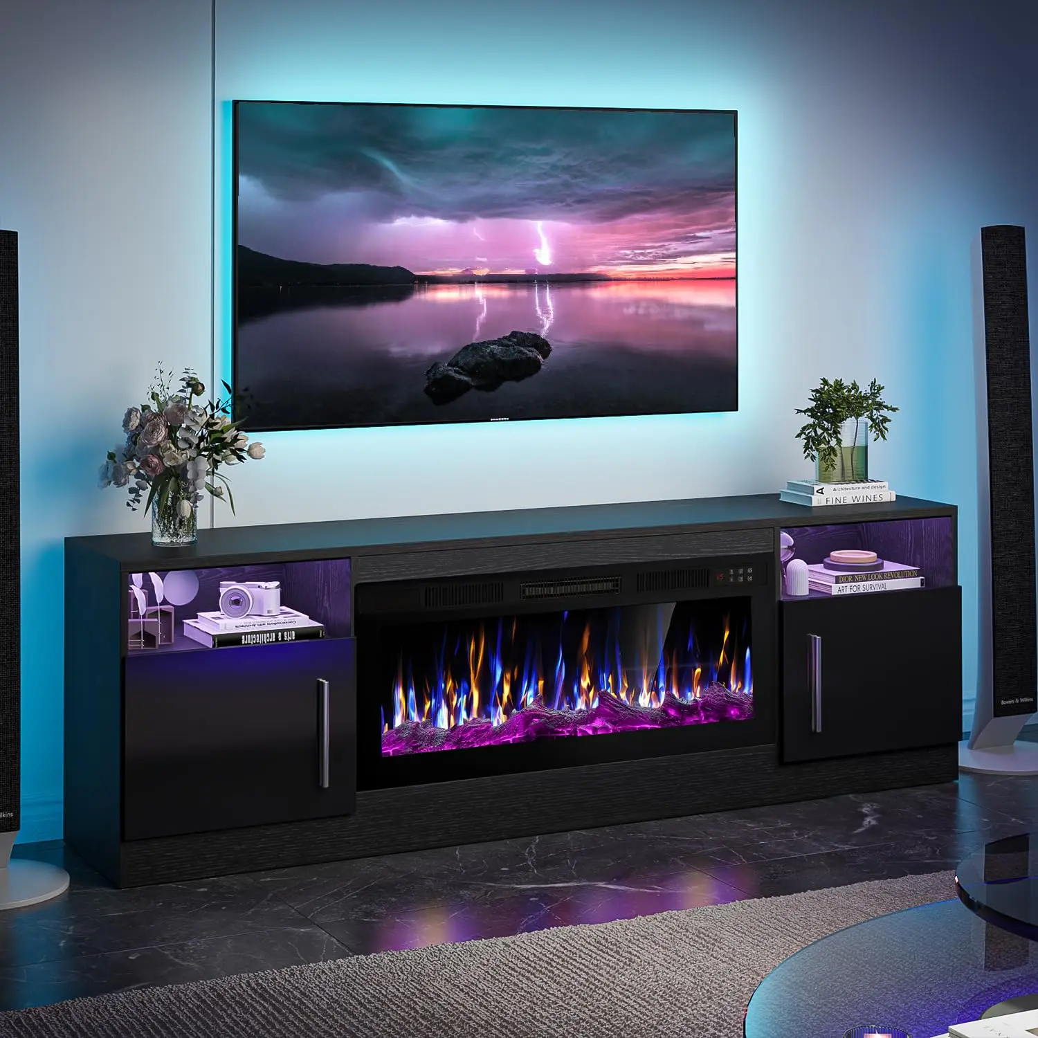 

Fireplace with TV Stand 36" inch Electric Fireplace Up to 80" TVs, LED Light Entertainment Center, 70" Modern Wood, Customized