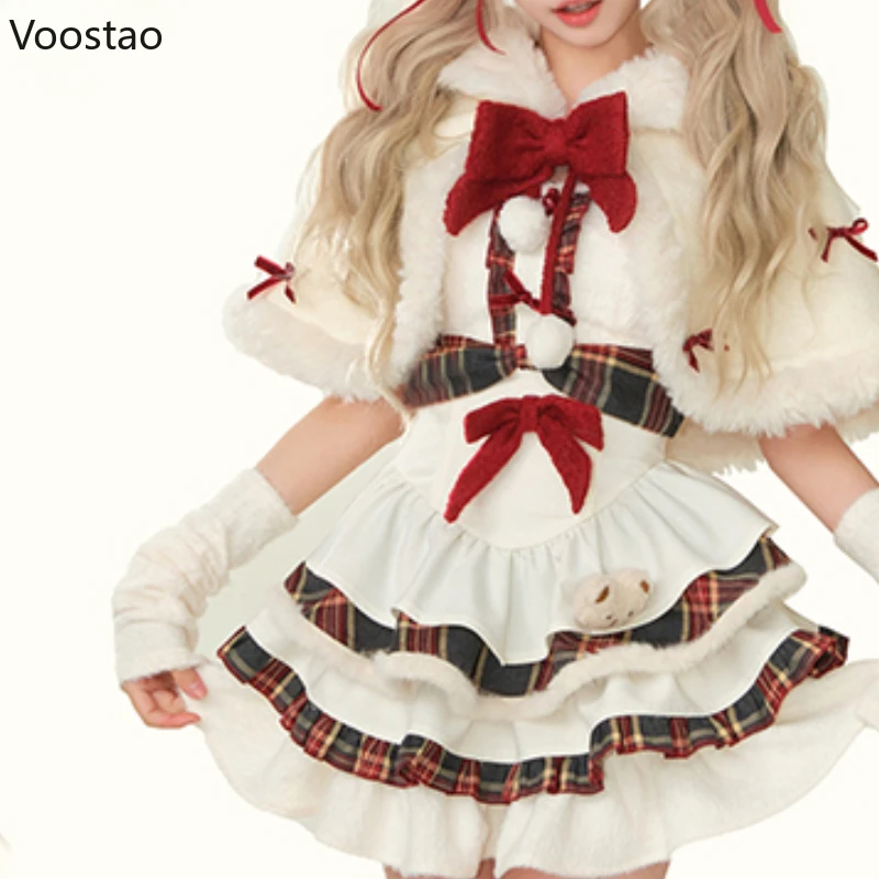 Autumn Winter Sweet Lolita 3 Piece Set Women Christmas New Year Cake Dress Cute Cloak Oversleeve Female Kawaii Harajuku Outfits