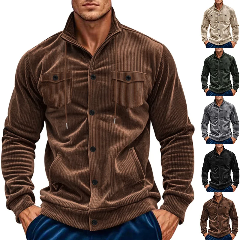 

Winter Autumn Corduroy Men's Jacket Stand Collar Slim Fit Retro Multi-Pocket Workwear Coat Jacket Shirt Shacket