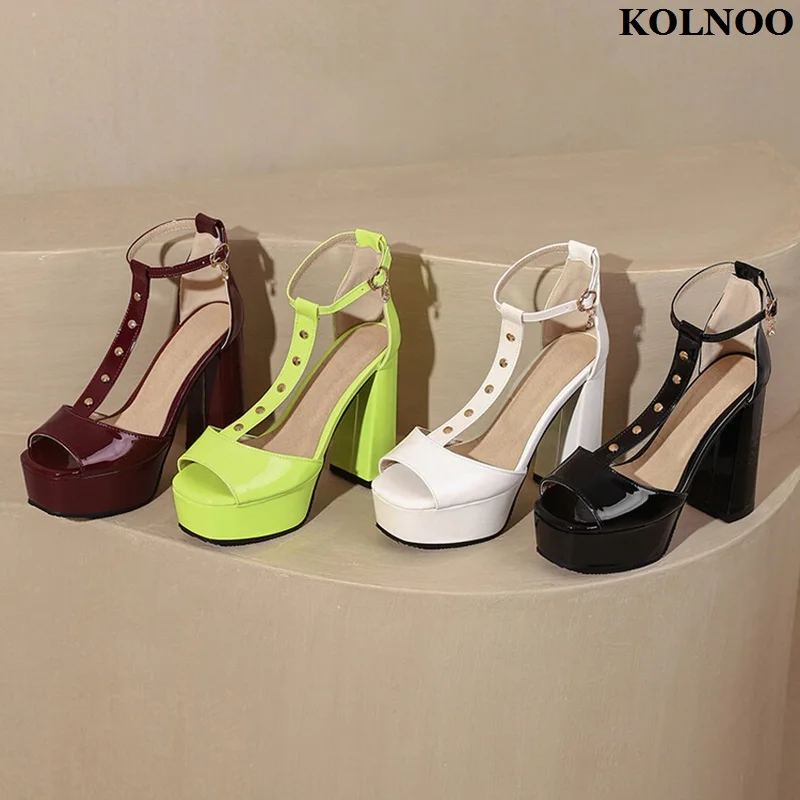 

Kolnoo Handmade New Hot Sale Ladies Chunky Heels Sandals T-strap Peep-toe Platform Summer Shoes Evening Fashion Sexy Prom Shoes