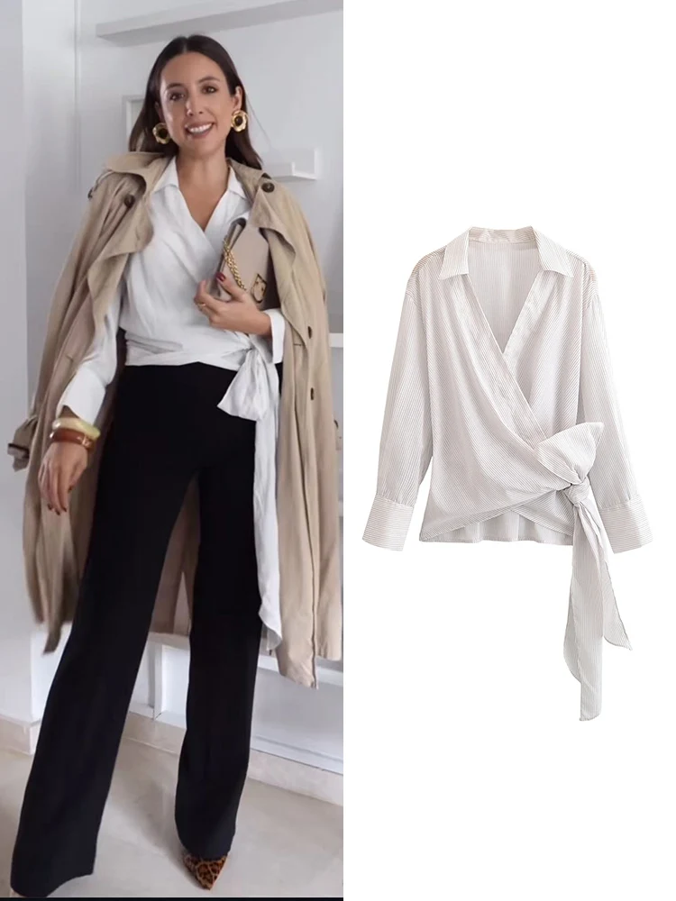 

2025 женские рубашки в тонкую полоску, элегантная тонкая блузка с бантом на шнуровке по бокам, повседневные ретро-модные женские осенние новые топы с v-образным вырезом