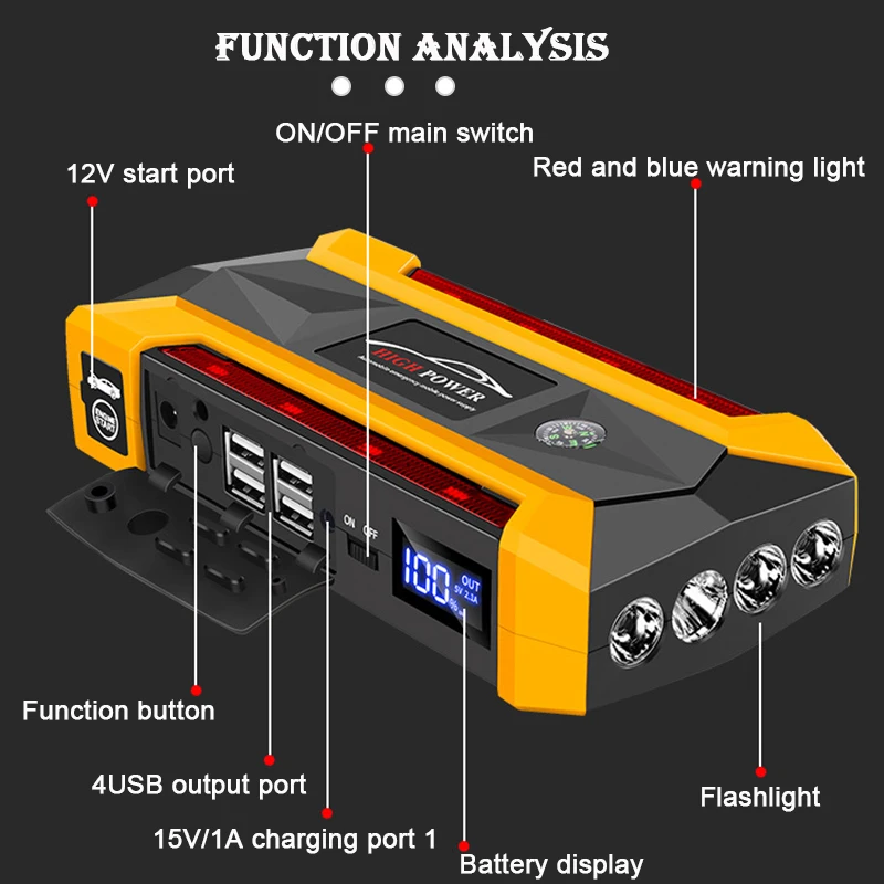 12V Car Battery Jump Starter Power Bank Diesel Double Start Portable Car Battery Booster Charge Starting Device Emergency Light