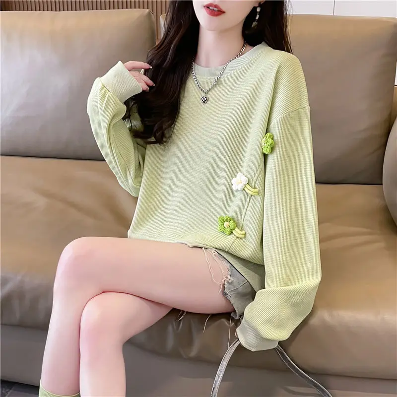 Women Korean Fashion 3D Flower Sweet Chic Sweatshirt Y2K Streetwear Casual Hoodie Female O Neck Long Sleeve Loose Irregular Tops