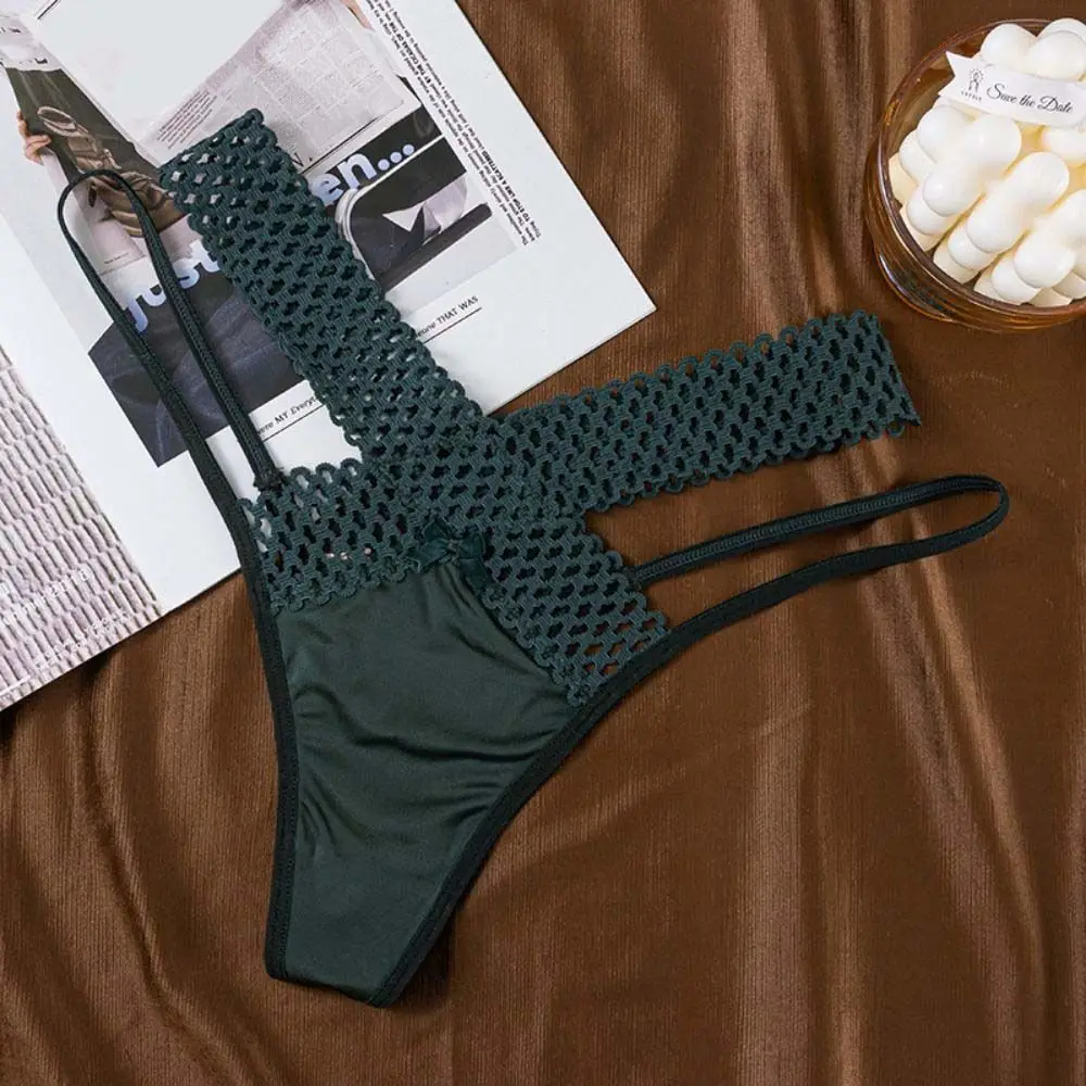 أزياء منخفضة الخصر الجوف خارج سيور Bowknot السروال الحرير الحرير سراويل رقيقة النمط الفرنسي المرأة شبكة ملخصات سيدة #3