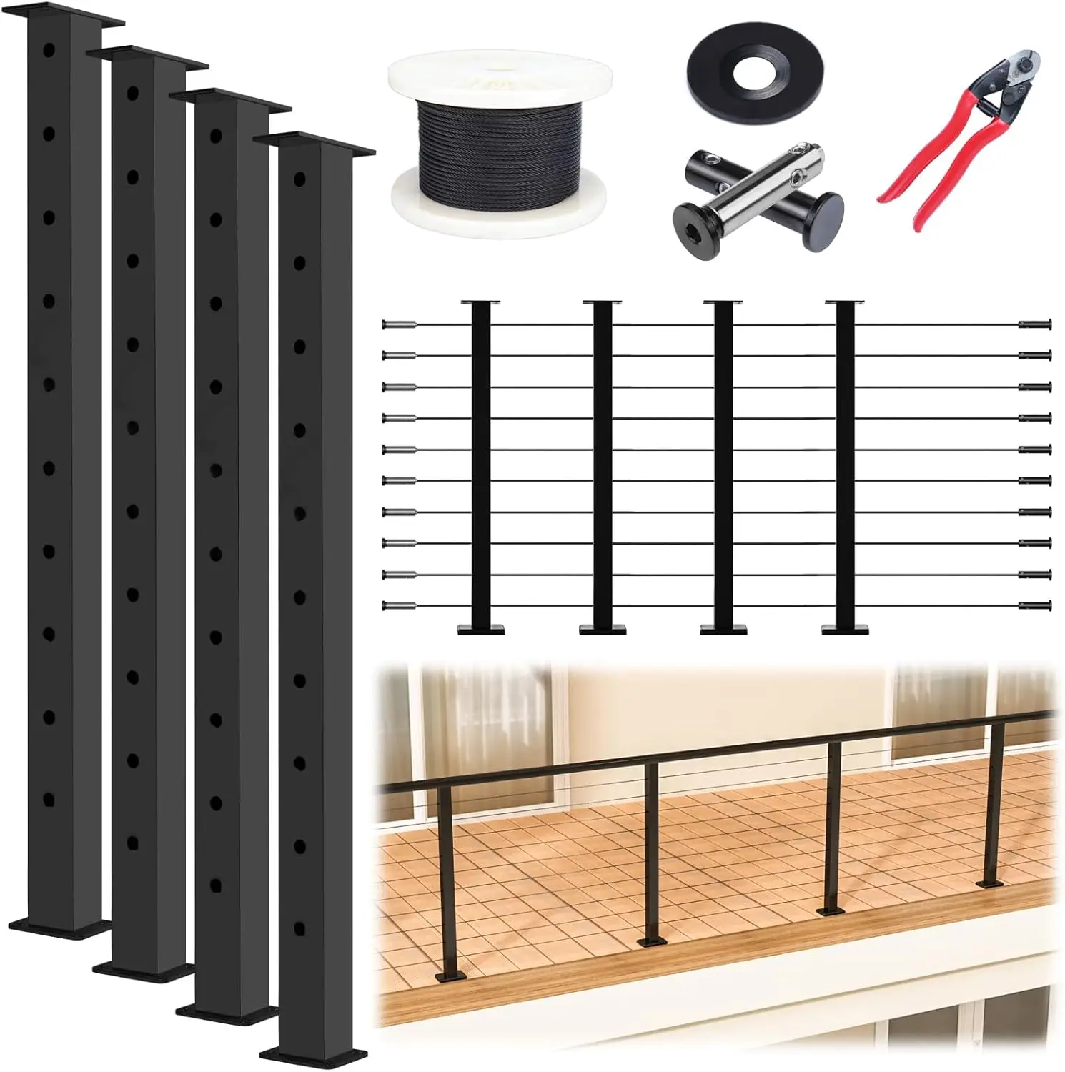 15-20ft Complete Set 36" Cable Railing Post Kit Include 4Pack Black Posts PS02, 250ft Wire Rope, Swageless