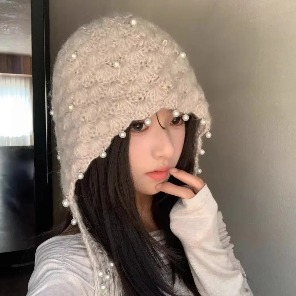 Elegant Hollow Out Knitted Pullover Hat Pearl Tassel Stretchable Fringed Beanie Cap Winter Warm Pendant Headband Hat for Women