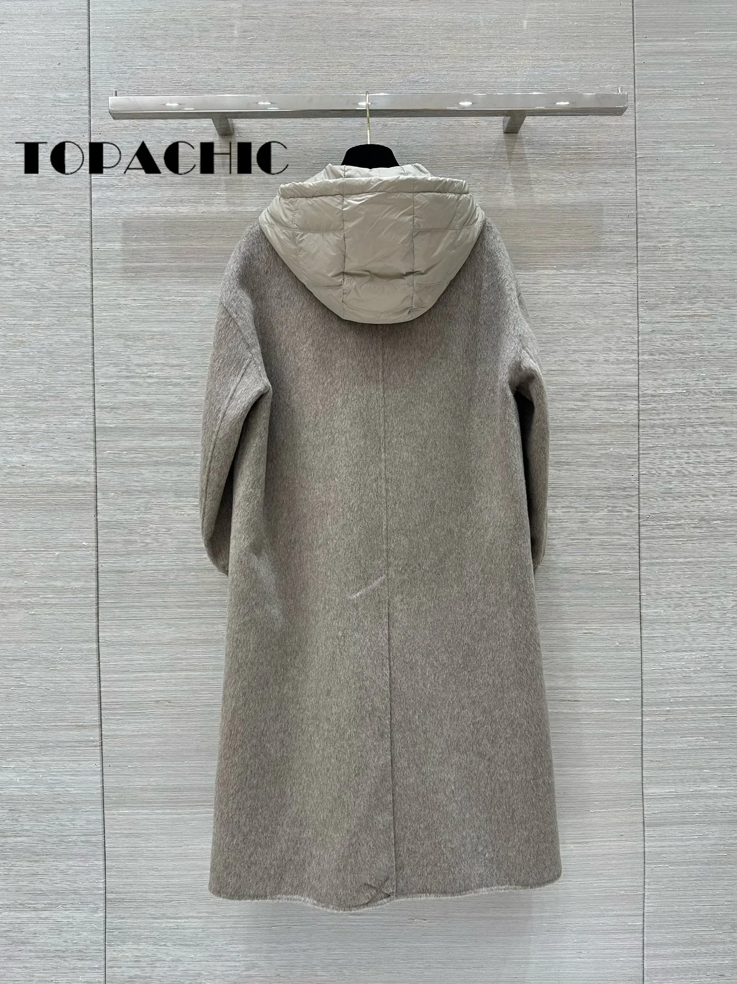 10.7 TOPACHIC-Women Two Piece Set Design Hooded Down Lining Double-Sided Wool Coat Cuff Ribbed Knit Straight Button Outerwear